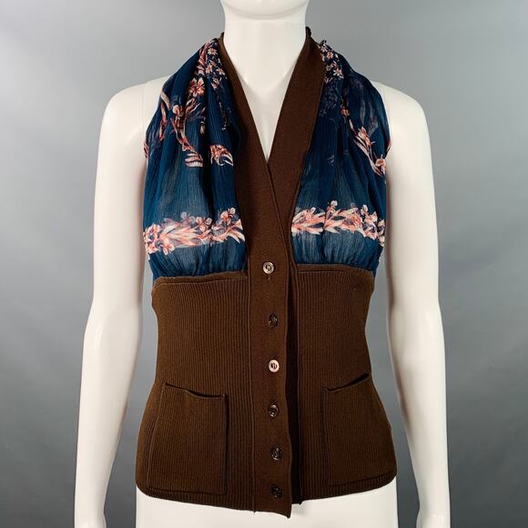 HERMES Size S/M Brown Cobalt Viscose Blend Silk Scarf Halter Dress Top - Picture 1 of 6